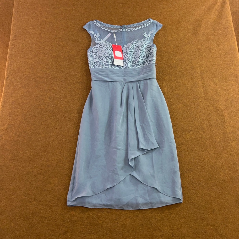 JJ's House Womens 4 Dusty Blue Lace Mesh Chiffon High-Low Cocktail Dress NWT